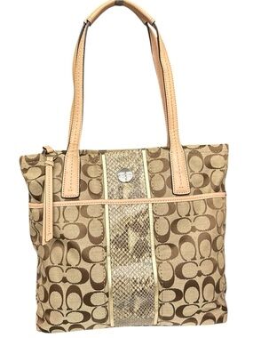 Coach Signature Monogram Python Stripe Tote Bag Khaki Jacquard Snakeskin Leather
